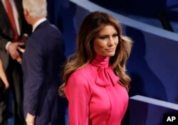 FILE - Melania Trump, wife of Donald Trump, arrives before the second presidential debate Oct. 9, 2016.