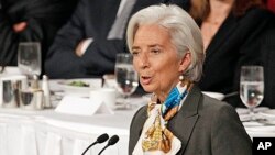Bà Christine Lagarde, Tổng giám đốc IMF, nói chuyện tại Câu lạc bộ Kinh tế ở New York, 10/4/2013.