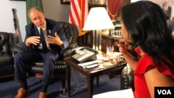 Rep. Trent Kelly (R-Mississippi) talks to VOA's Navbahor Imamova, in his Longworth House Building office, Capitol Hill, Washington, D.C., Sept 26, 2019