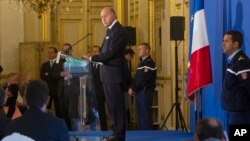 El ministro de Exteriores, Laurent Fabius, habla durante una conferencia en el Quai d' Orsay en París.
