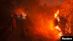 Monterey firefighters hold the line at the Rim Fire at night in this undated United States Forest Service handout photo near Yosemite National Park, California, released August 30, 2013.