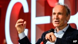 British computer scientist Tim Berners-Lee, best known as the inventor of the World Wide Web, delivers a speech during an event at the CERN in Meyrin near Geneva, Switzerland, Tuesday March 12, 2019 marking 30 years of World Wide Web. (Fabrice Coffrini/Po