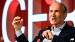 British computer scientist Tim Berners-Lee, best known as the inventor of the World Wide Web, delivers a speech during an event at the CERN in Meyrin near Geneva, Switzerland, Tuesday March 12, 2019 marking 30 years of World Wide Web. (Fabrice Coffrini/Po
