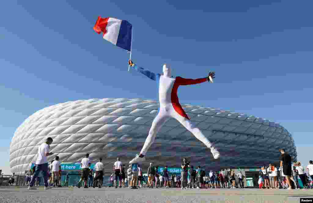 French fans are seen outside the stadium before the soccer match of Euro 2020 Group F between France and Germany in Football Arena Munich in Munich, Germany.