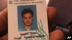 FILE - The Egyptian Interior Ministry released Giulio Regeni's university identification card, which it said was found in a police raid.