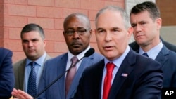 FILE - Environmental Protection Agency Administrator Scott Pruitt speaks at a news conference in East Chicago, Ind., April 19, 2017. 