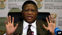 South Africa's sports minister Fikile Mbalula gestures as he speaks during a news conference in Johannesburg, South Africa, June 3, 2015.