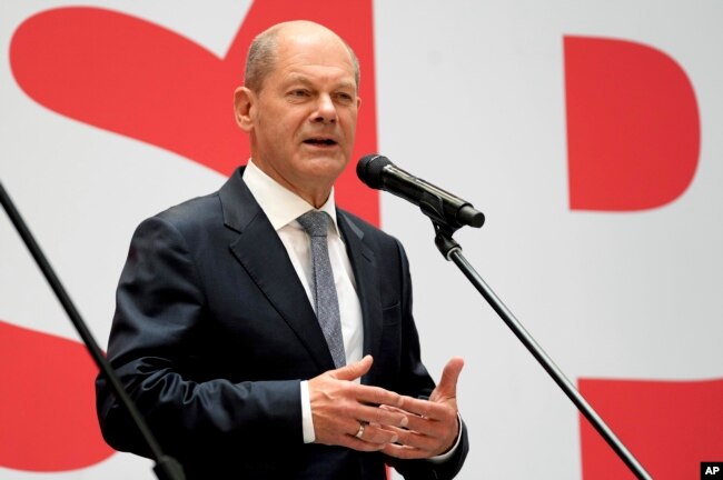 Olaf Scholz, top candidate for chancellor of the Social Democratic Party (SPD), speaks during a press conference at the party's headquarters in Berlin, Germany, Sept. 27, 2021.