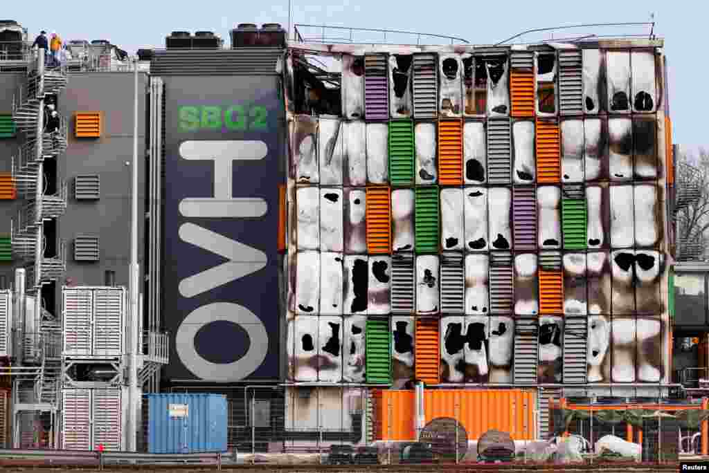 An aerial view shows the damaged building of French cloud computing company OVHcloud after a fire broke out, in Strasbourg, France.