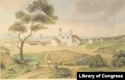 Mission of San Carlos in Upper California, painted by William Smyth ca. 1827, reproduced in "An Account of a Visit to California, 1826-'27."