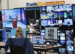 The control room where live feeds are managed is pictured at the virtual DNC at the Wisconsin Center, Aug. 17, 2020, in Milwaukee. The convention, once expected to draw 50,000 people, is now taking place virtually because of covid concerns.