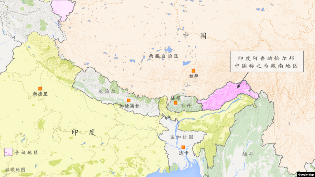 西藏和印度边界地图 (谷歌地图)
