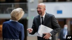 European Council President Charles Michel speaks with European Commission President Ursula von der Leyen after an EU summit, in videoconference format, at the European Council in Brussels, Belgium, June 19, 2020. 