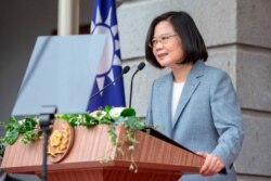 차이잉원 타이완 총통이 20일 총통부에서 2기를 시작하는 취임 행사에 참석한 직후 타이베이빈관에서 연설하고 있다.