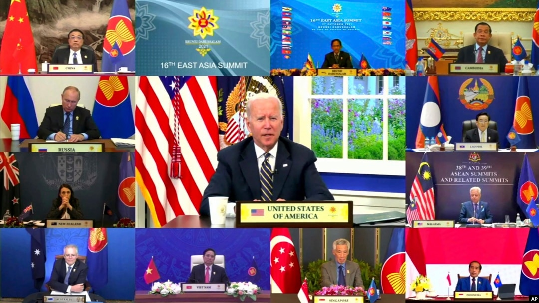 Presiden Amerika Serikat Joe Biden dalam pertemuan virtual KTT ASEAN-Asia Timur di sela-sela KTT dengan para pemimpin ASEAN, Rabu, 27 Oktober 2021. (KTT ASEAN Brunei melalui AP)