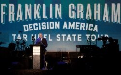 The Rev. Franklin Graham speaks at his Decision America event at the Pitt County Fairgrounds in Greenville, N.C., Oct. 2, 2019. Graham echoed arguments Trump has made in pressing unfounded Ukraine-related corruption allegations against Joe Biden.