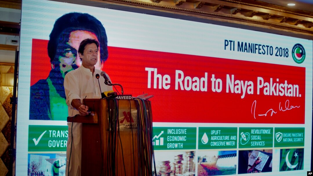 Pakistani opposition politician Imran Khan, leader of the Pakistan Tehreek-e-Insaf party, speaks during a press conference to present the party's manifesto for upcoming parliamentary elections, in Islamabad, Pakistan, July 9, 2018.