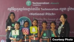 Ung Pechata (third from left) holds Instagram logo with her team members and mentors at the Technovation National Pitch on May 20, 2018. (Courtesy photo) 