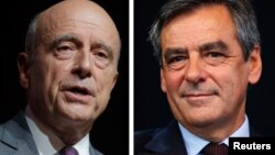 A combination of file photos shows Alain Juppe (L), current mayor of Bordeaux and Francois Fillon, a former prime minister, who lead in the first round French center-right presidential primary election, Nov. 20, 2016. 