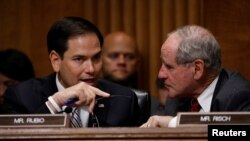 ARCHIVO - El senador Marco Rubio habla con el senador Jim Risch mientras el 13 de junio de 2017.