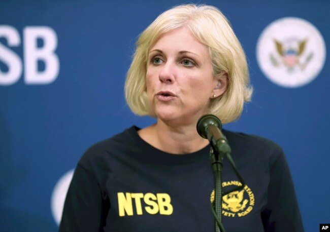 FILE - Jennifer Homendy of the National Transportation Safety Board, speaks during a news conference, Oct. 3, 2019, in Windsor Locks, Conn. (AP Photo/Chris Ehrmann, File)