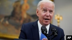 President Joe Biden speaks in the Roosevelt Room of the White House in Washington, May 13, 2021.