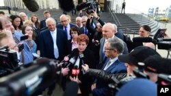 Summit county executive Ilene Shapiro speaks to the media outside the U.S. Federal courthouse, Oct. 21, 2019, in Cleveland. 