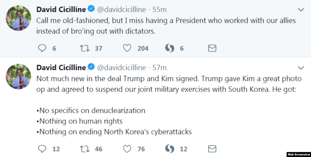 Rhode Island Democrat David Cicilline accused Trump of "bro'ing out with dictators."&nbsp; The Congressman also said the U.S. didn't get anything from the deal aside from a photo opportunity.