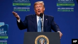 President Donald Trump speaks at the 9th annual Shale Insight Conference at the David L. Lawrence Convention Center, Oct. 23, 2019, in Pittsburgh. 
