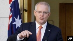 Australian Prime Minister Scott Morrison addresses media at Parliament House in Canberra, Australia, Feb. 13, 2019. 