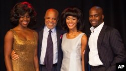 From left, Aisha Jawondo, Motown Records founder Berry Gordy, Lucy St. Louis and Cedric Neal pose at the launch of "Motown The Musical" in central London, Oct. 5, 2015. 