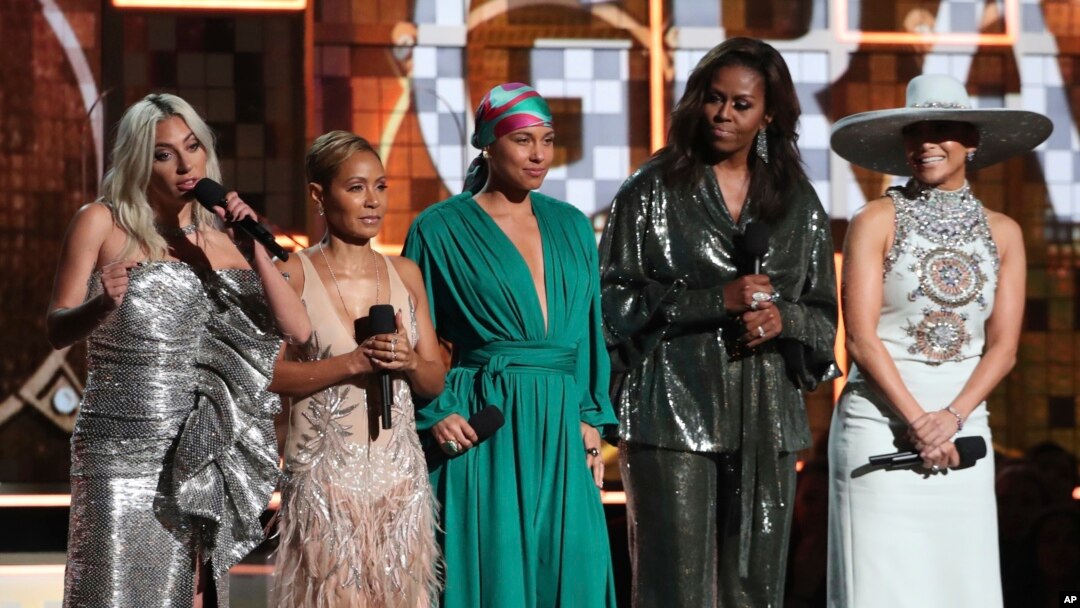 FILE - Lady Gaga, from left, Jada Pinkett Smith, Alicia Keys, Michelle Obama and Jennifer Lopez speak at the 61st annual Grammy Awards in Los Angeles, Feb. 10, 2019.