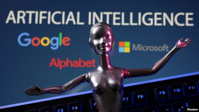 FILE - Google, Microsoft and Alphabet logos and AI Artificial Intelligence words are seen in this illustration from May 4, 2023. (REUTERS/Dado Ruvic/Illustration)