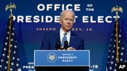 President-elect Joe Biden speaks Monday, Nov. 9, 2020, at The Queen theater in Wilmington, Del. (AP Photo/Carolyn Kaster)