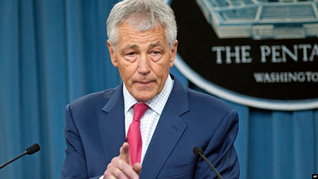 Menhan AS Chuck Hagel berbicara dalam jumpa pers di Pentagon mengenai rencana Amerika menghadapi ancaman Korea Utara, Jumat (15/3).