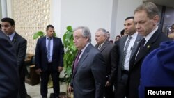 Secretary General of the United Nations Antonio Guterres leaves Al-Azhar headquarters after a visit, in Cairo, Egypt, April 2, 2019. 