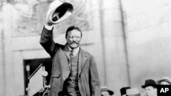 FILE - In this 1904 file photo, Theodore Roosevelt campaigns for the presidency.