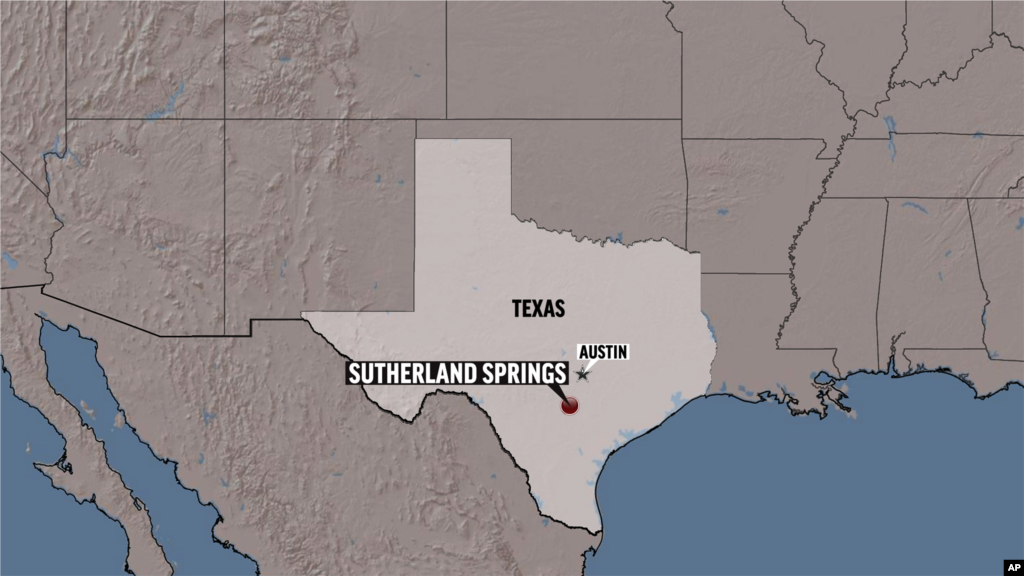 A map showing the location of Sutherland Springs, Texas.