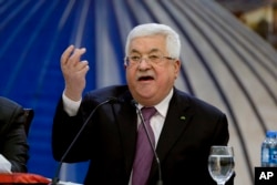 Palestinian President Mahmoud Abbas speaks after a meeting of the Palestinian leadership in the West Bank city of Ramallah, Jan. 22, 2020. President Abbas said "a thousand no's" Tuesday to the Mideast peace plan announced by President Trump.