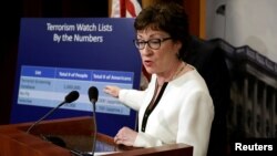 Senator Susan Collins, a Maine Republican, speaks at a news conference on Capitol Hill in Washington regarding a compromise proposal on gun control measures, June 21, 2016. Collins was the lead author of the legislation.
