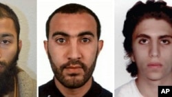 Une photographie regroupant les trois auteurs identifiés par la police britannique: Khuram Shazad Butt, à gauche, Rachid Redouane, au centre, et Youssef Zaghba, à droite.