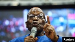 FILE - Former South African President Jacob Zuma speaks during his visit to the Shekainah Healing Ministries in Philippi, where he campaigns for a new party, uMkhonto We Sizwe, for the upcoming election, in Cape Town, South Africa, March 10, 2024.