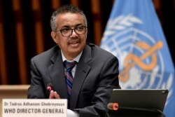 FILE - World Health Organization Director-General Tedros Adhanom Ghebreyesus attends a news conference in Geneva.