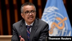 FILE PHOTO: World Health Organization Director-General Tedros Adhanom Ghebreyesus attends a news conference in Geneva