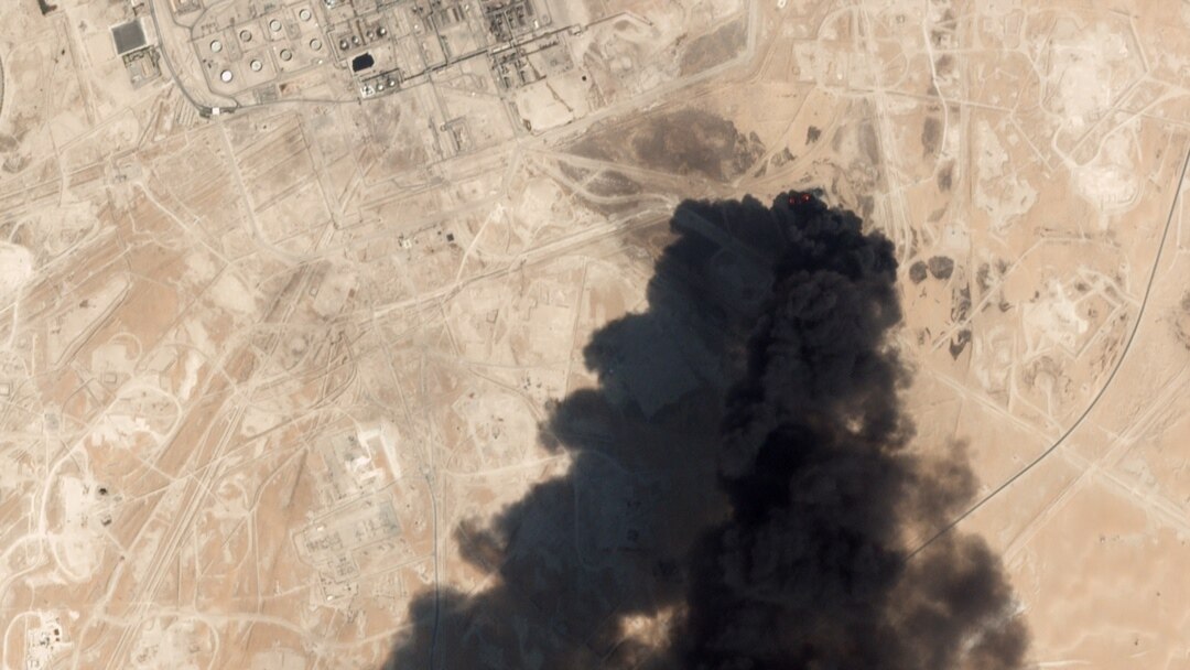 This satellite overview handout image obtained Sept. 16, 2019, courtesy of Planet Labs Inc. shows damage to an oil infrastructure from weekend drone attacks at Abqaig on Sept. 14, 2019, in Saudi Arabia.
