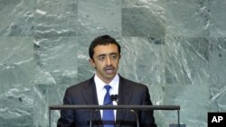 Sheikh Abdullah Bin Zayed al-Nahyan, Minister for Foreign Affairs of the UAE, addresses the general debate of the 66th session of the General Assembly, at UN headquarters in New York, Sept. 26, 2011.