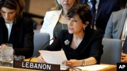 FILE - Lebanon's Ambassador Amal Mudallali speaks in the Security Council, at United Nations headquarters, April 29, 2019.
