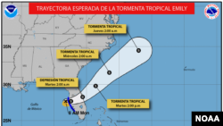 Trayectoria esperada de la tormenta Tropical Emily que atraviesa este lunes la Florida.