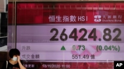 A woman walks past a bank's electronic board showing the Hong Kong share index at Hong Kong Stock Exchange, Nov. 18, 2020. 