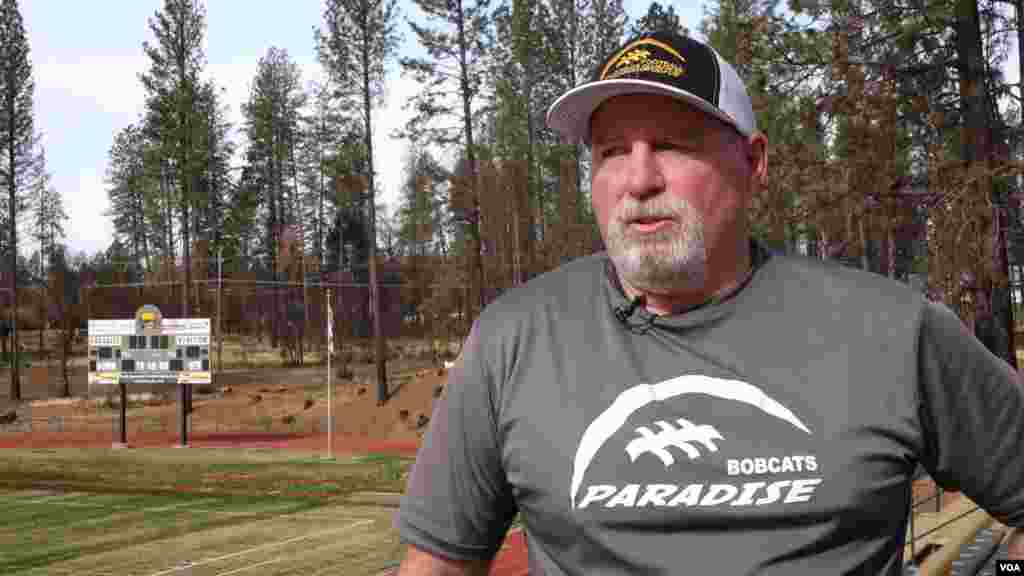 Rick Prinz is the head coach of Paradise High School. He had planned to retire but since the fire, he decided to stay and continue to coach football. (Elizabeth Lee/VOA News)